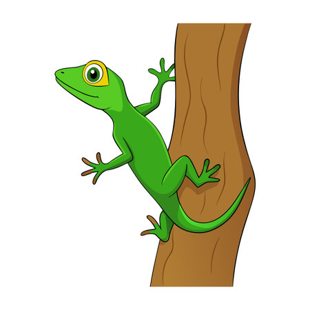 Cartoon Green Lizard Climbing a Brown Tree Trunk on a White Backgroundのイラスト素材