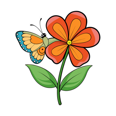 Butterfly on Orange Flower Illustration with Green Leaves and Black Outlinesのイラスト素材