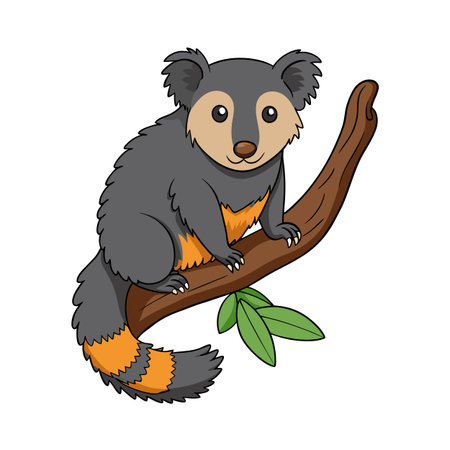 Cute cartoon koala perched on a brown branch with green leavesのイラスト素材