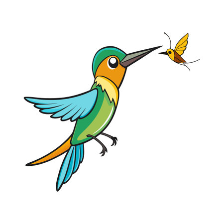Colorful cartoon hummingbird illustration with vibrant plumage and a small flying insectのイラスト素材