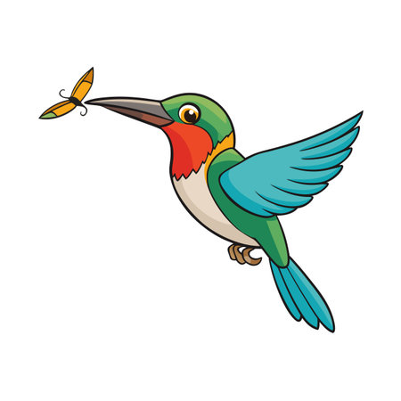 Cartoon hummingbird with butterfly, colorful stylized vector illustration on white backgroundのイラスト素材