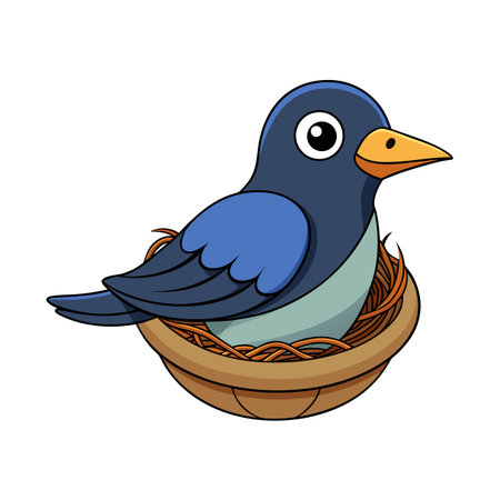 Stylized cartoon bluebird perched safely inside a cozy brown woven nestのイラスト素材