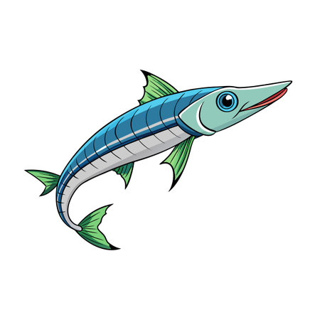Cartoon Barracuda Illustration with Blue Stripes and Green Fins on White Backgroundのイラスト素材