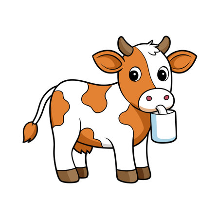 Cartoon Cow Drinking Milk From a Mug, Isolated on White Backgroundのイラスト素材