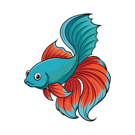 Cartoon Betta Fish Illustration with Blue Body and Red Tail on White Backgroundのイラスト素材