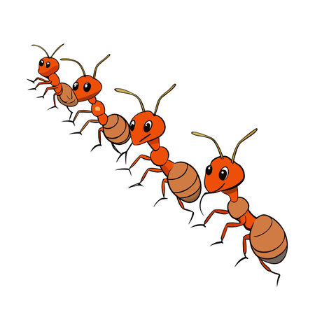 Ants in a Row: Cartoon Illustration of Organized Teamwork and Determinationのイラスト素材