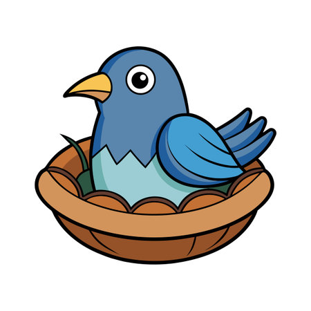 Cute cartoon bluebird nestled safely within its cozy woven brown nestのイラスト素材