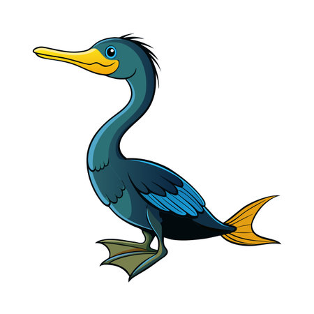 Cartoon Cormorant Illustration on White Background, Funny Bird with Fish Tailのイラスト素材