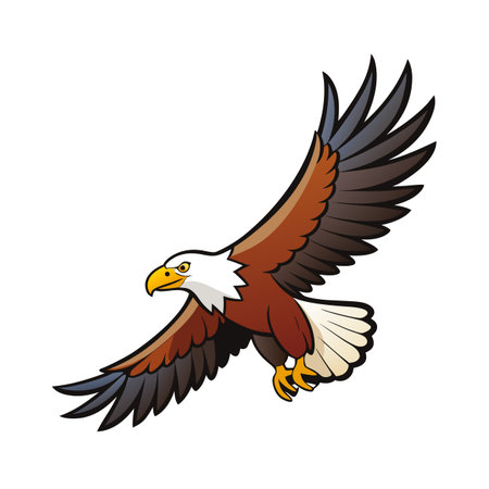 Cartoon illustration of a bald eagle flying with spread wings on white backdropのイラスト素材