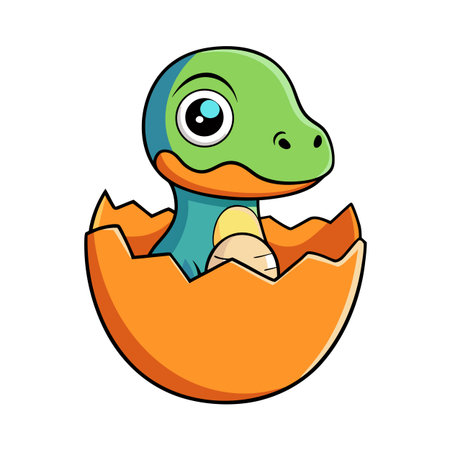 Cartoon baby dinosaur hatching from egg, colorful illustration on white backgroundのイラスト素材
