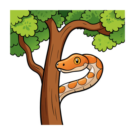 Cartoon snake peeking from behind a tree trunk with green leavesのイラスト素材