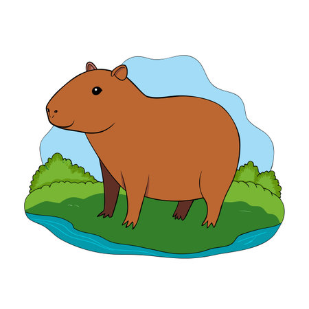 Cartoon Capybara standing on a grassy bank near a blue river and sky.のイラスト素材