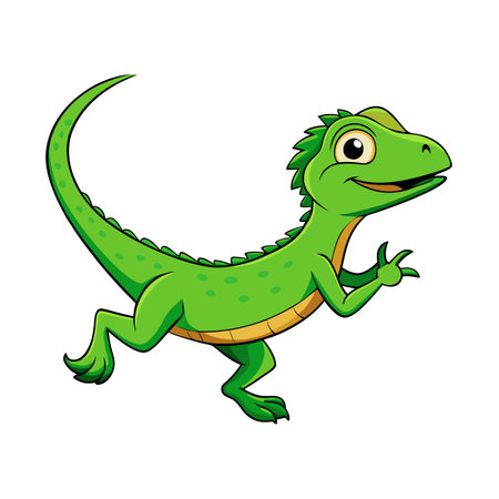 Cartoon Green Lizard Running with Smiling Face and Thick Black Outlineのイラスト素材
