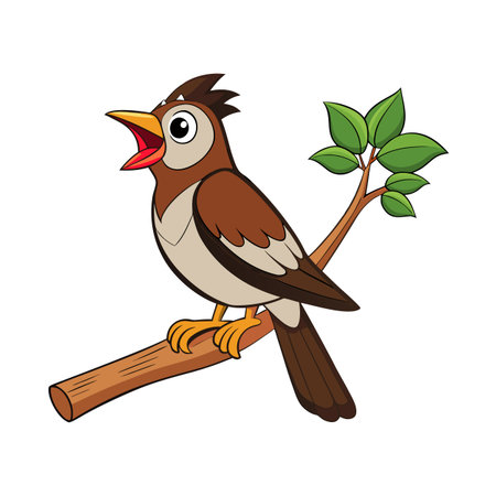 Cartoon bird singing on branch with green leaves vector illustration isolatedのイラスト素材