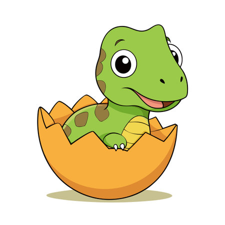 Cartoon baby dinosaur hatching from an egg, with a happy expression.のイラスト素材