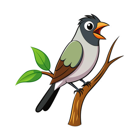 Cartoon bird singing on a branch with green leaves illustrationのイラスト素材