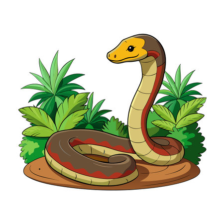 Cartoon snake in jungle foliage on a platform looking out, illustration.のイラスト素材