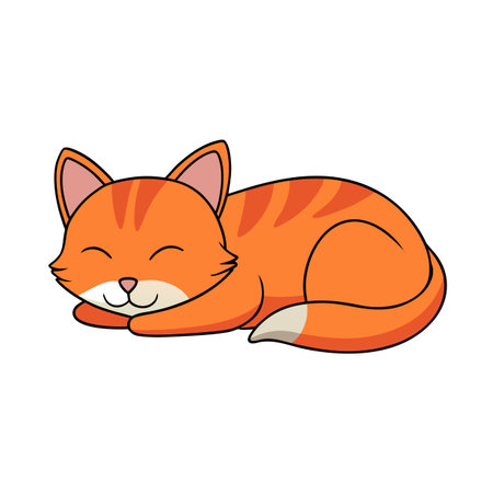 Cartoon ginger cat curled up asleep on white background, cute and simpleのイラスト素材
