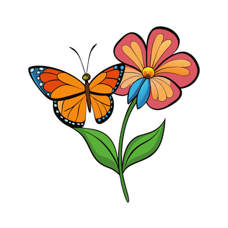 Colorful Butterfly Resting on a Flower Illustration with Black Outlines on White Backgroundのイラスト素材
