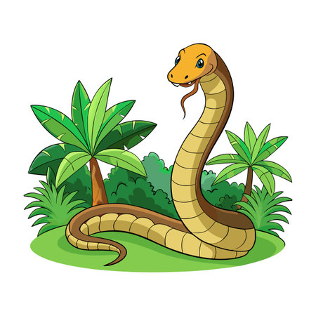 Cartoon snake in a tropical jungle, illustration with palm trees and plantsのイラスト素材