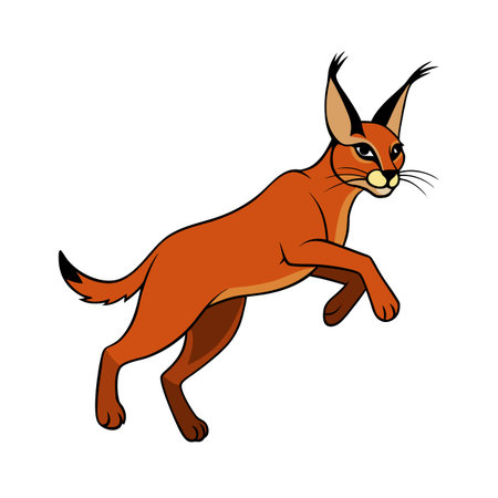 Cartoon Caracal Leaping with Elegant Outline, Simplistic Design on White Backgroundのイラスト素材