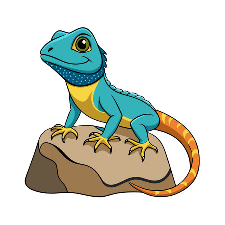 Cartoon Lizard on Rock with Bright Colors and Outline Styleのイラスト素材