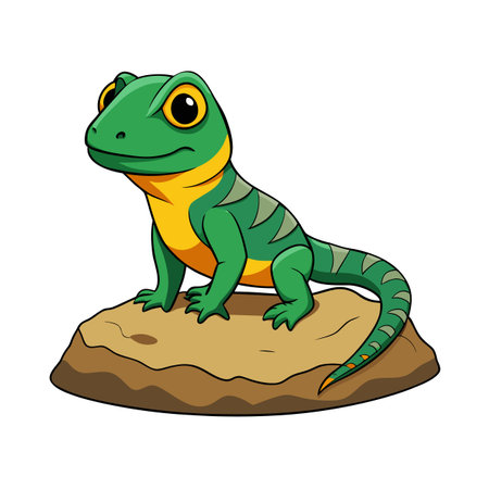 Cartoon green lizard with yellow accents sitting on a brown rock formationのイラスト素材