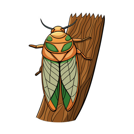 Cartoon cicada resting on tree bark, colorful and detailed illustrationのイラスト素材