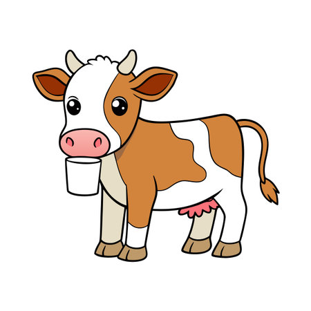 Cartoon cow with a milk bucket standing on a white background illustrationのイラスト素材