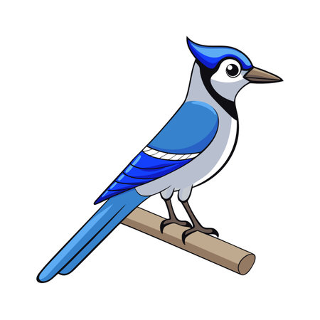 Cartoon Blue Jay Perched on a Branch Illustration with Clean Designのイラスト素材