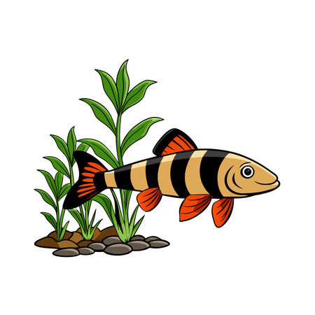 Cartoon clown loach fish with black stripes swims near green aquarium plantsのイラスト素材