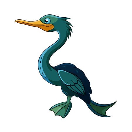 Cartoon Illustration of a Cormorant Bird with Long Neck and Yellow Beak