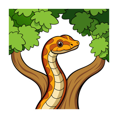 Cartoon Snake Embracing a Tree in a Forest Scene Illustrationのイラスト素材