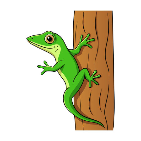 Cartoon Green Anole Lizard Climbing a Brown Tree Trunk in Forestのイラスト素材