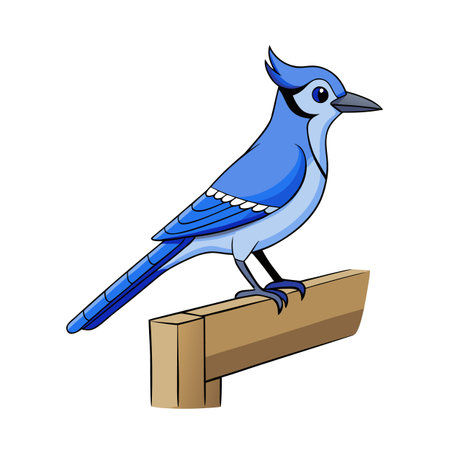 A cartoon blue jay perched on a simple wooden stand illustrationのイラスト素材