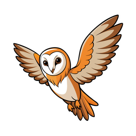Cartoon illustration of a barn owl in mid-flight against a white backgroundのイラスト素材