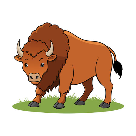 Cartoon illustration of a brown bison standing on a patch of green grassのイラスト素材