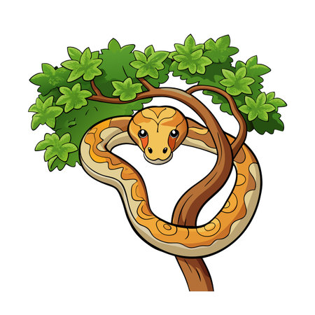 Cartoon snake in tree, illustration of wild animal in jungle, cute drawingのイラスト素材