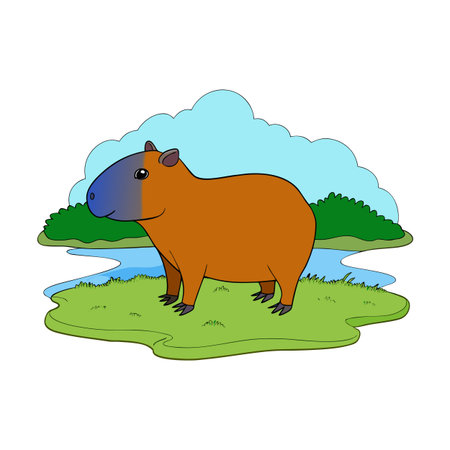 Cartoon Capybara in Nature Scene with River and Clouds Illustrationのイラスト素材