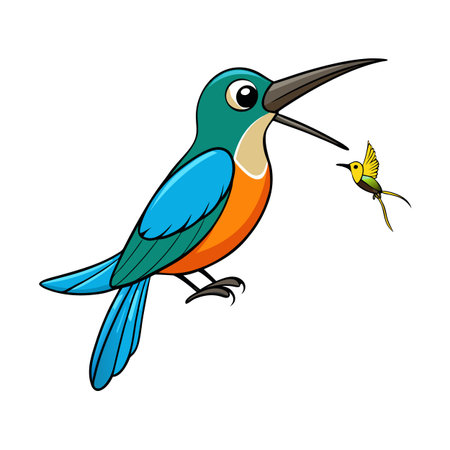 Cartoon illustration of a colorful kingfisher bird with open mouth, welcoming a hummingbirdのイラスト素材