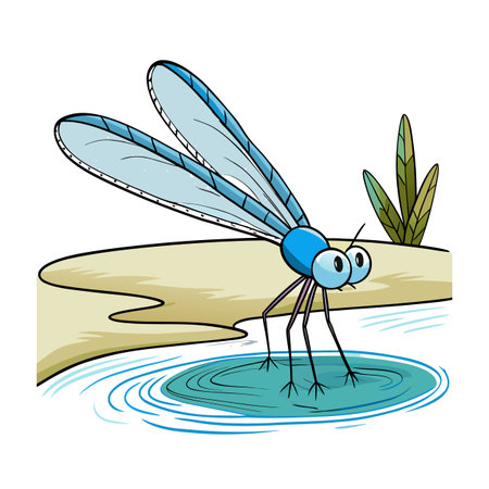 Cartoon Dragonfly in Pond with Water Ripples and Green Plantsのイラスト素材