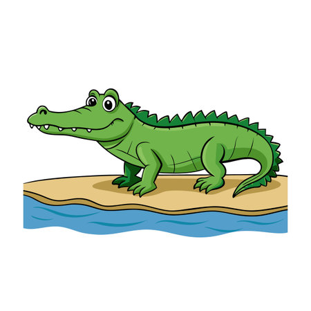 Cartoon alligator illustration standing on a sandy bank near wavy waterのイラスト素材