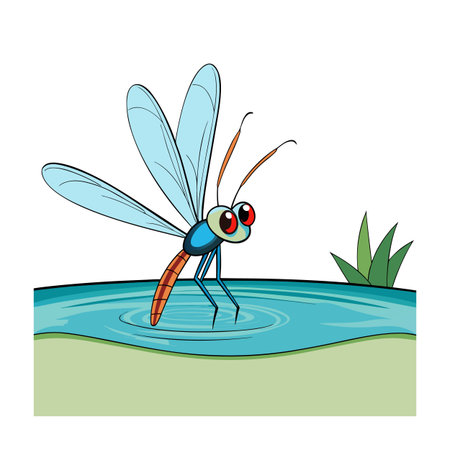 Cartoon dragonfly resting lightly on water surface, with grass background and white background.のイラスト素材