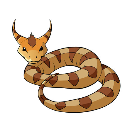Cartoon horned snake with brown markings coiled, facing left on a white backgroundのイラスト素材