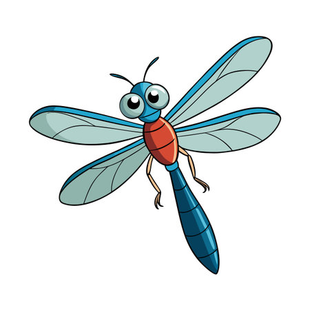 Cartoon dragonfly illustration with large eyes and colorful body on white backgroundのイラスト素材