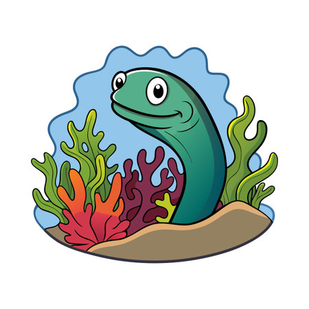 Cartoon Eel Peeking From Reef in Colorful Undersea Scene Illustrationのイラスト素材