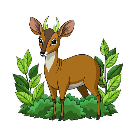 Cartoon image of a fawn standing amidst lush green foliage and bushesのイラスト素材