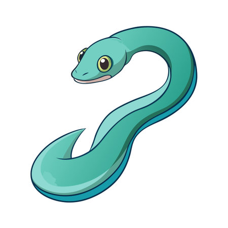 Cartoon teal eel gracefully curves its body against a plain white backgroundのイラスト素材