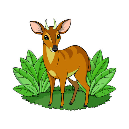 Cartoon image of a cute deer standing among lush green foliageのイラスト素材