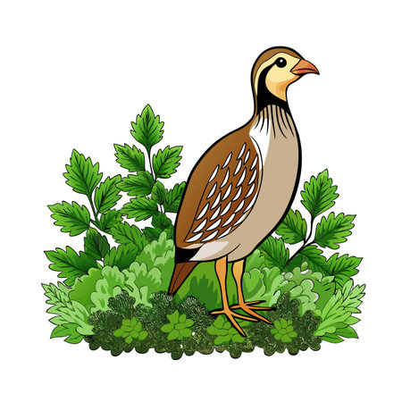 Cartoon partridge illustration standing in vibrant green vegetation patch with bright backgroundのイラスト素材